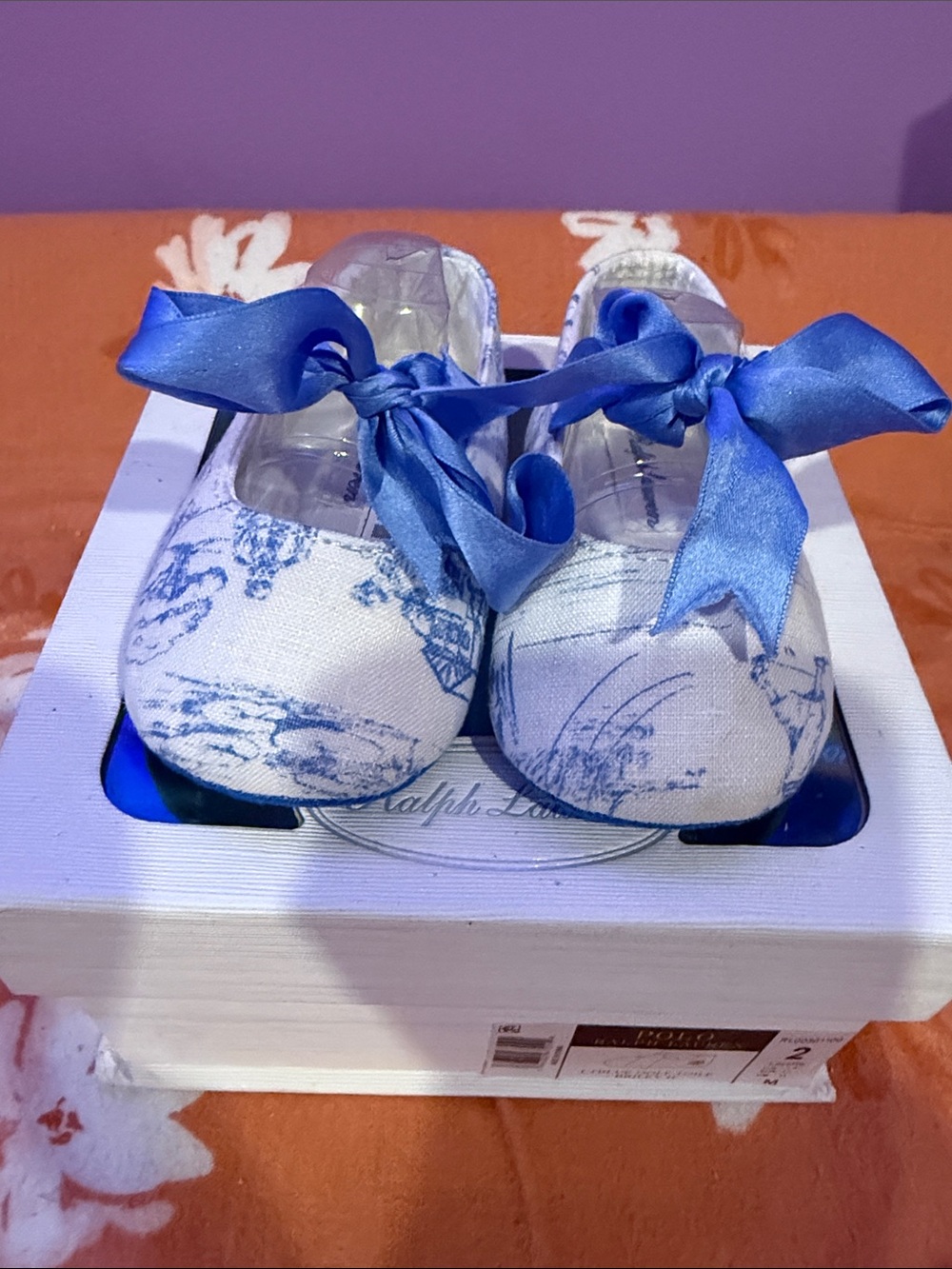 Ralph Lauren White Baby Ballet Flats with Blue Toile and Satin Blue Bows